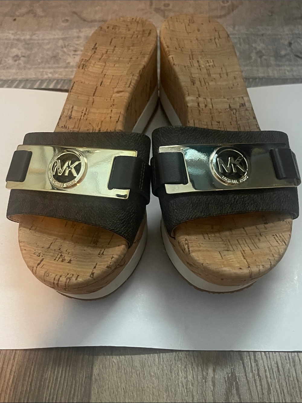 Michael Kors Brown Monogram Cork Wedge Slide Sandals with Gold Logo - Picture 4 of 12